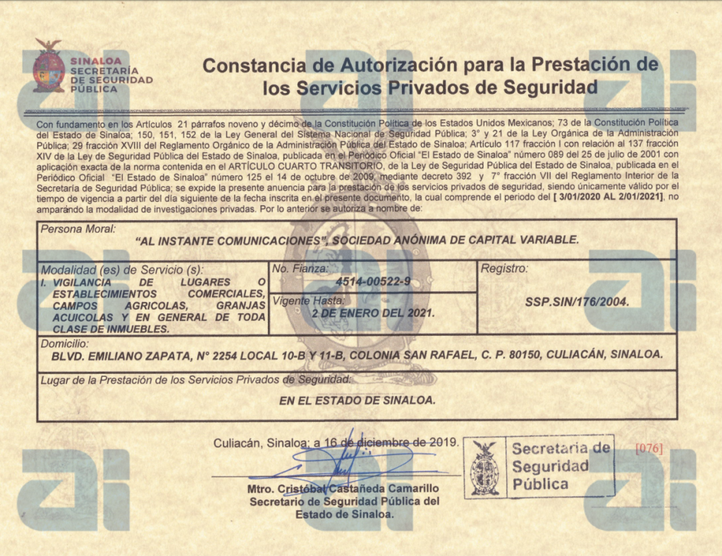 Permiso SSP Sinaloa - Al Instante Comunicaciones